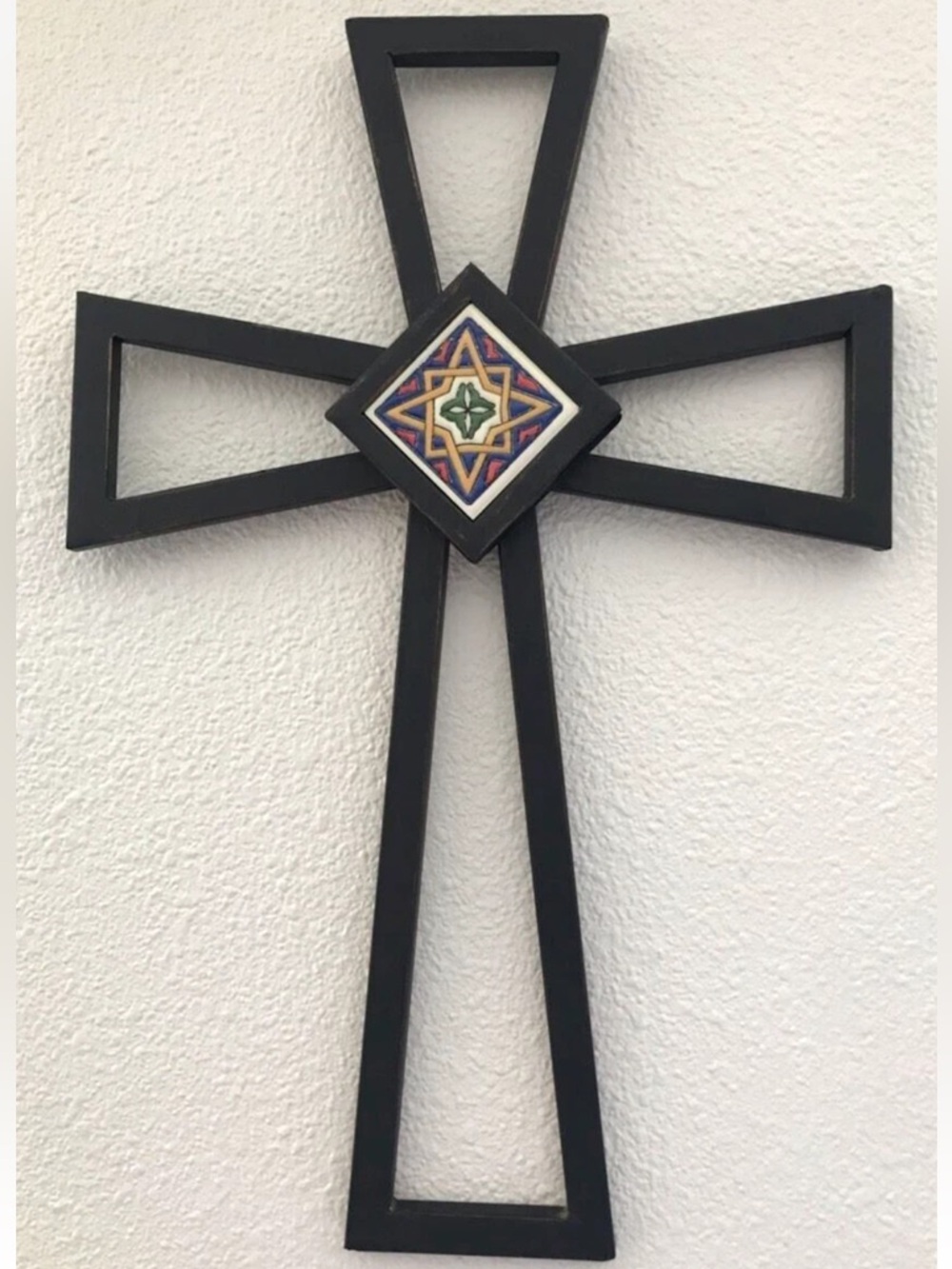 Metal Wall Cross, Black with Colorful Center Tile. Decorative. 18”x12”x3/4”
